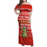 East Timor Christmas Family Matching Off Shoulder Maxi Dress and Hawaiian Shirt with Santa Crocodile Gingerbread Palm Trees and Red Holiday - Wonder Print Shop