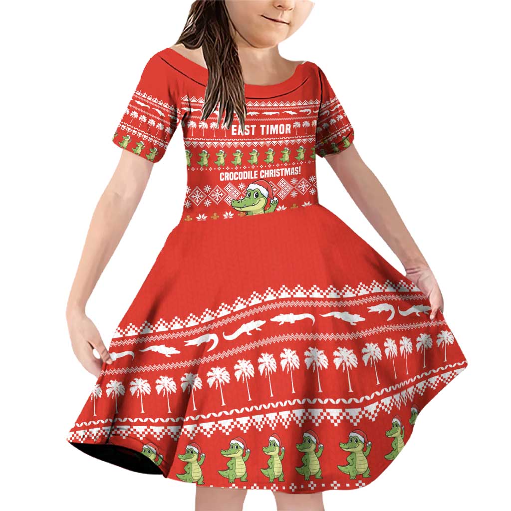 East Timor Christmas Family Matching Off Shoulder Short Dress and Hawaiian Shirt with Santa Crocodile Gingerbread Palm Trees and Red Holiday - Wonder Print Shop