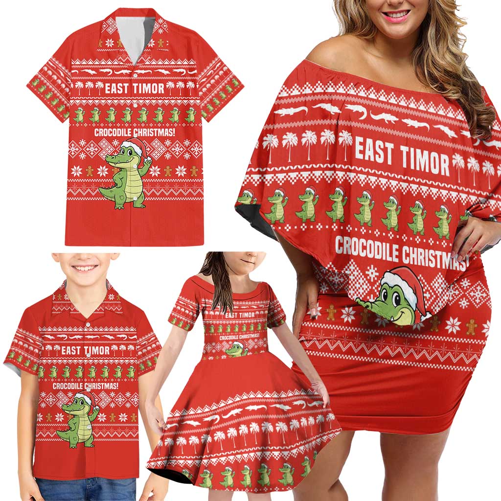 East Timor Christmas Family Matching Off Shoulder Short Dress and Hawaiian Shirt with Santa Crocodile Gingerbread Palm Trees and Red Holiday - Wonder Print Shop