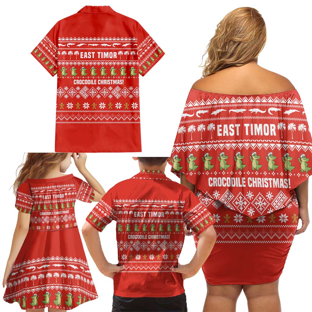 East Timor Christmas Family Matching Off Shoulder Short Dress and Hawaiian Shirt with Santa Crocodile Gingerbread Palm Trees and Red Holiday - Wonder Print Shop