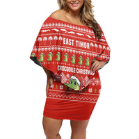 East Timor Christmas Family Matching Off Shoulder Short Dress and Hawaiian Shirt with Santa Crocodile Gingerbread Palm Trees and Red Holiday - Wonder Print Shop