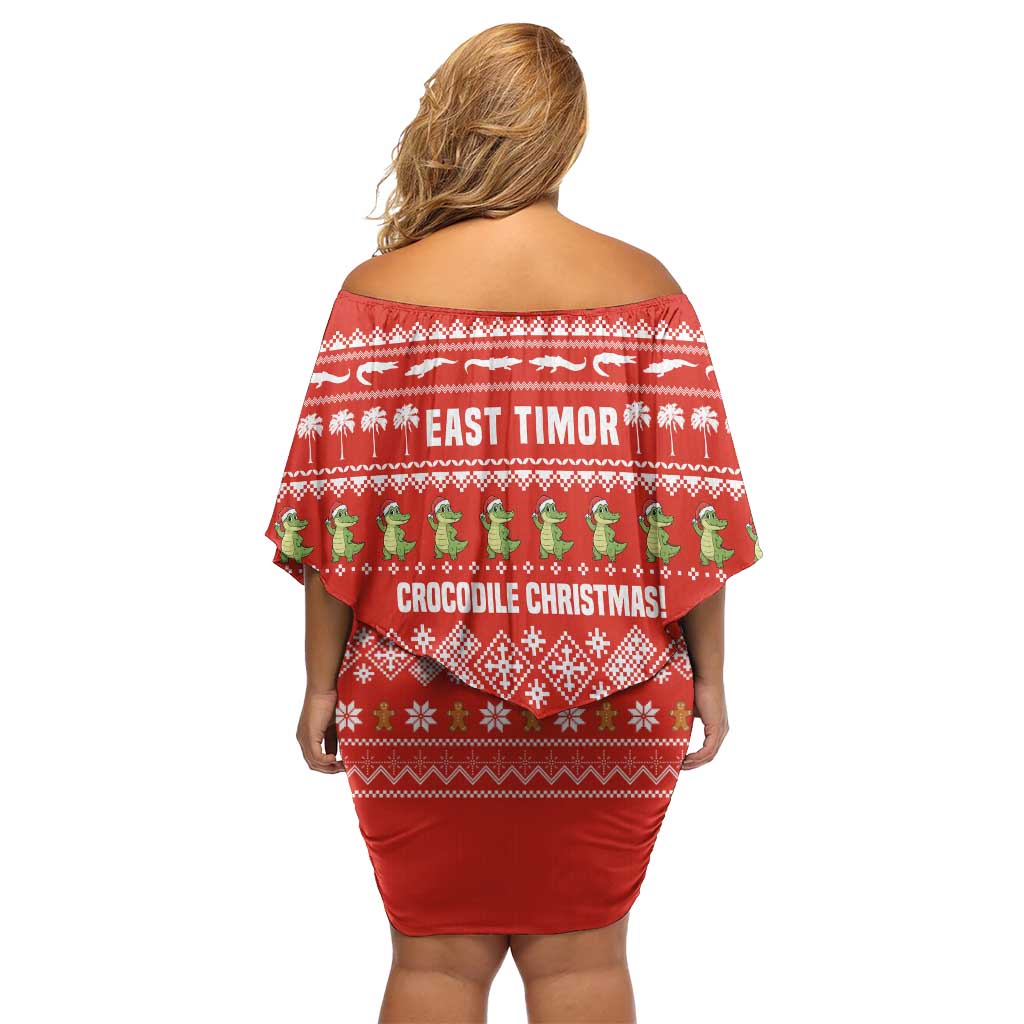 East Timor Christmas Family Matching Off Shoulder Short Dress and Hawaiian Shirt with Santa Crocodile Gingerbread Palm Trees and Red Holiday - Wonder Print Shop