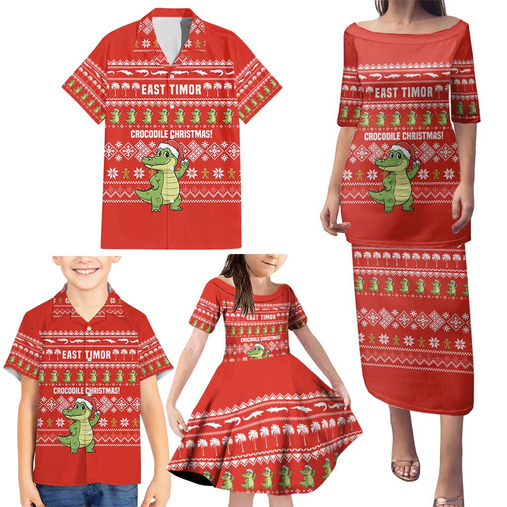East Timor Christmas Family Matching Puletasi and Hawaiian Shirt with Santa Crocodile Gingerbread Palm Trees and Red Holiday - Wonder Print Shop