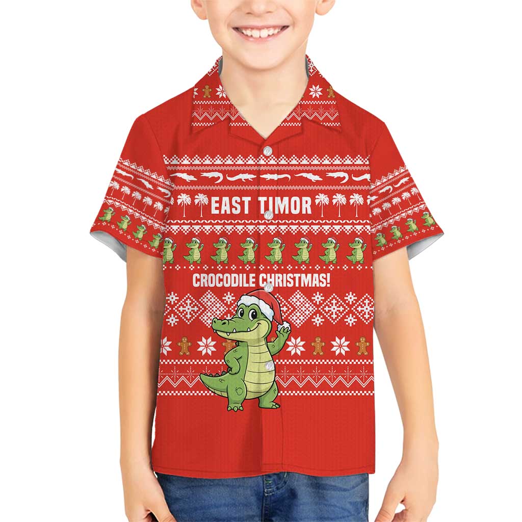 East Timor Christmas Family Matching Puletasi and Hawaiian Shirt with Santa Crocodile Gingerbread Palm Trees and Red Holiday - Wonder Print Shop