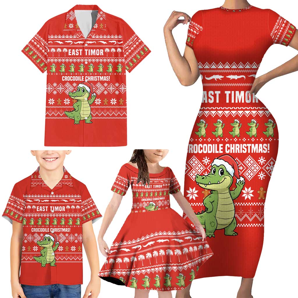 East Timor Christmas Family Matching Short Sleeve Bodycon Dress and Hawaiian Shirt with Santa Crocodile Gingerbread Palm Trees and Red Holiday - Wonder Print Shop