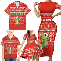 East Timor Christmas Family Matching Short Sleeve Bodycon Dress and Hawaiian Shirt with Santa Crocodile Gingerbread Palm Trees and Red Holiday - Wonder Print Shop