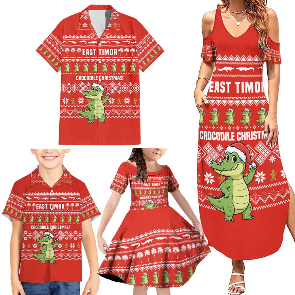 East Timor Christmas Family Matching Summer Maxi Dress and Hawaiian Shirt with Santa Crocodile Gingerbread Palm Trees and Red Holiday - Wonder Print Shop