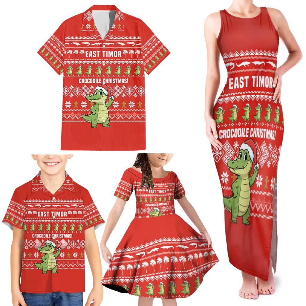 East Timor Christmas Family Matching Tank Maxi Dress and Hawaiian Shirt with Santa Crocodile Gingerbread Palm Trees and Red Holiday - Wonder Print Shop