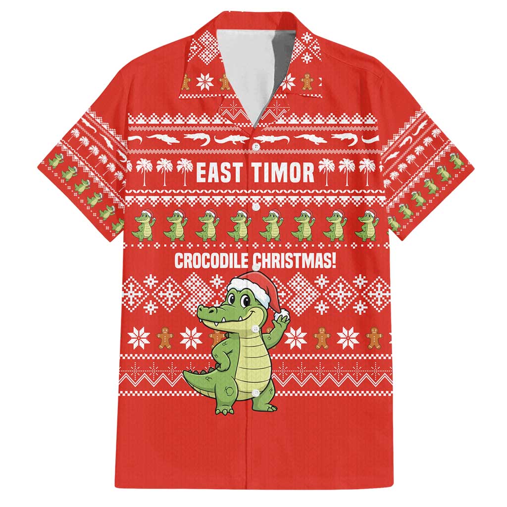 East Timor Christmas Family Matching Tank Maxi Dress and Hawaiian Shirt with Santa Crocodile Gingerbread Palm Trees and Red Holiday - Wonder Print Shop