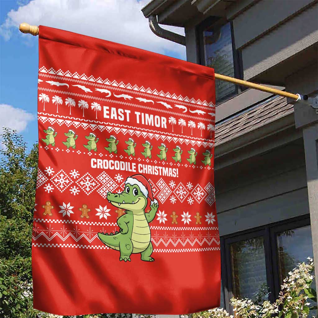 East Timor Christmas Garden Flag with Santa Crocodile Gingerbread Palm Trees and Red Holiday - Wonder Print Shop