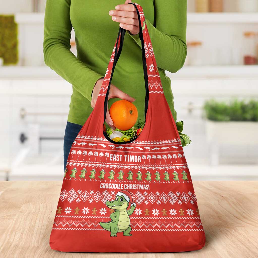 East Timor Christmas Grocery Bag with Santa Crocodile Gingerbread Palm Trees and Red Holiday - Wonder Print Shop
