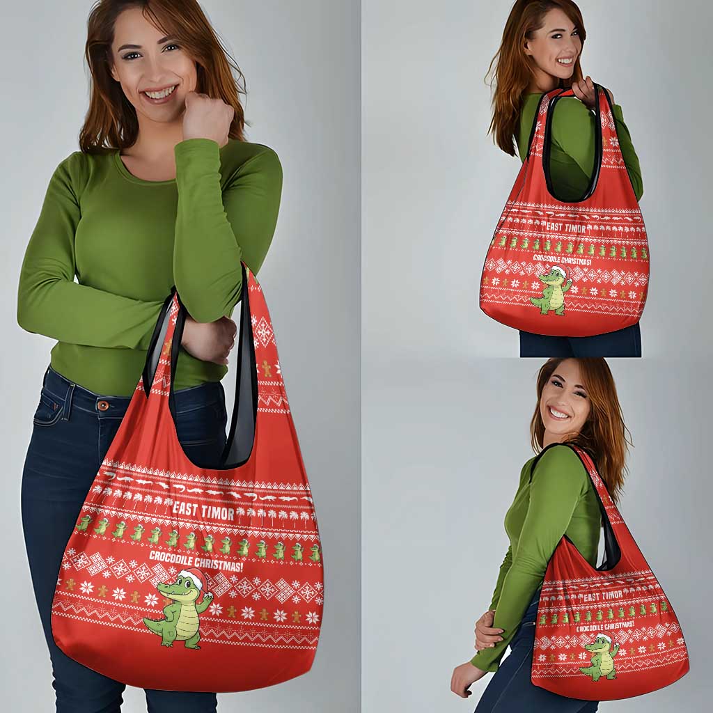 East Timor Christmas Grocery Bag with Santa Crocodile Gingerbread Palm Trees and Red Holiday - Wonder Print Shop