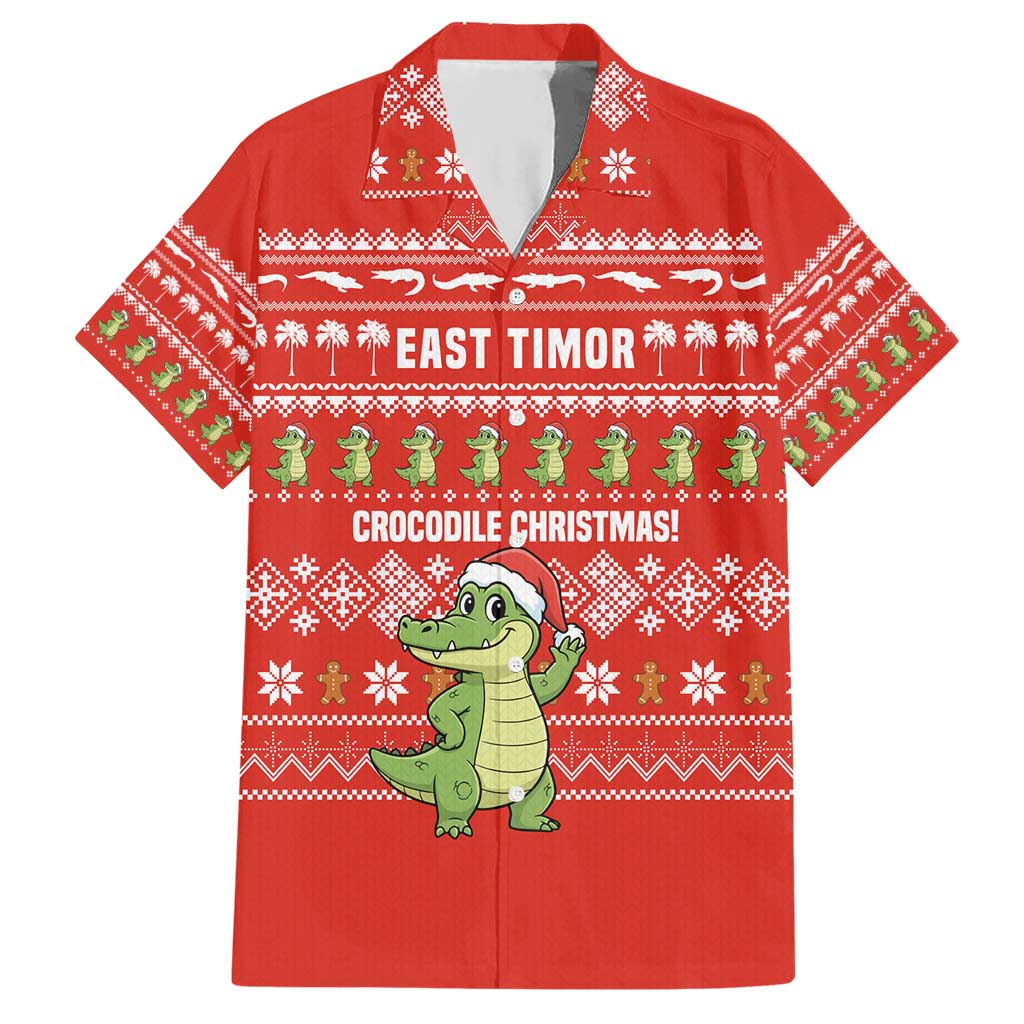 East Timor Christmas Hawaiian Shirt with Santa Crocodile Gingerbread Palm Trees and Red Holiday - Wonder Print Shop