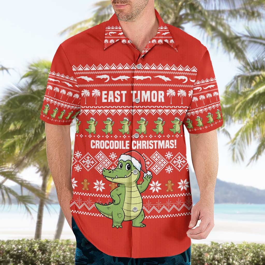 East Timor Christmas Hawaiian Shirt with Santa Crocodile Gingerbread Palm Trees and Red Holiday - Wonder Print Shop