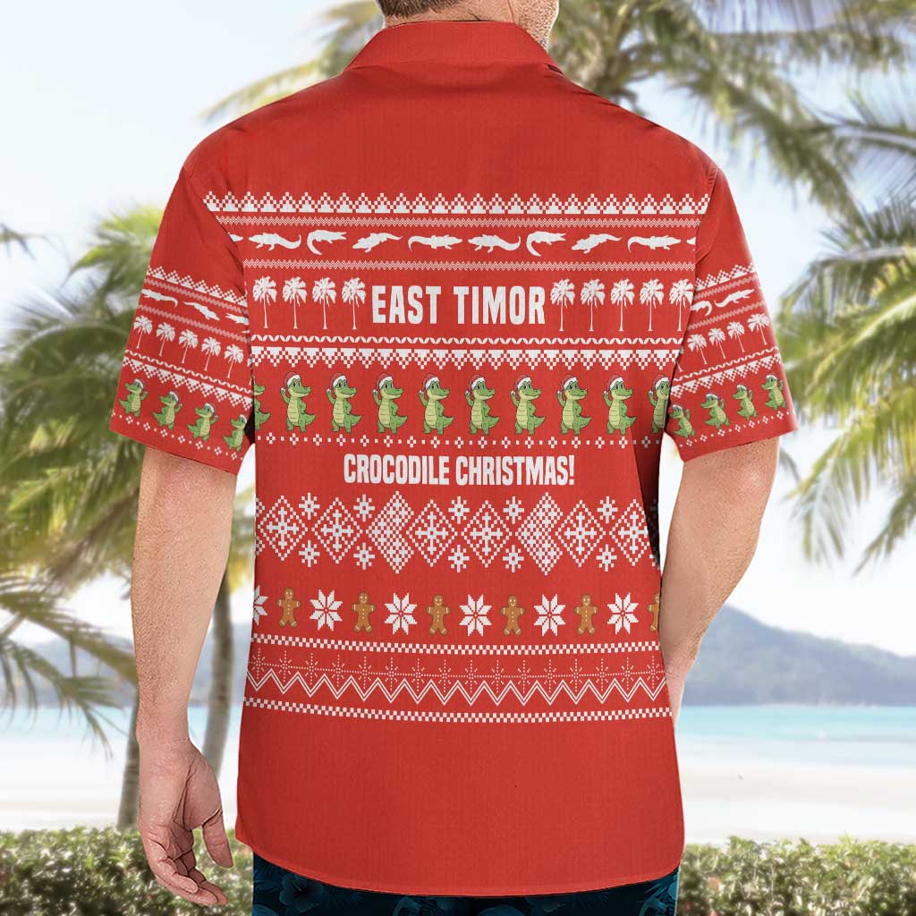 East Timor Christmas Hawaiian Shirt with Santa Crocodile Gingerbread Palm Trees and Red Holiday - Wonder Print Shop