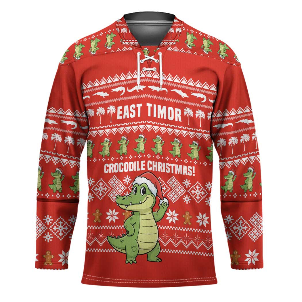 East Timor Christmas Hockey Jersey with Santa Crocodile Gingerbread Palm Trees and Red Holiday - Wonder Print Shop