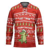 East Timor Christmas Hockey Jersey with Santa Crocodile Gingerbread Palm Trees and Red Holiday - Wonder Print Shop