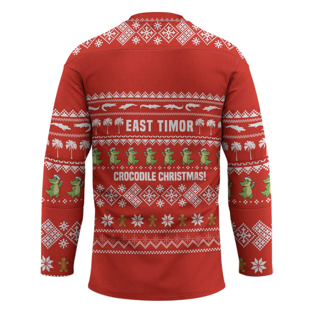 East Timor Christmas Hockey Jersey with Santa Crocodile Gingerbread Palm Trees and Red Holiday - Wonder Print Shop