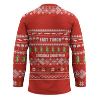 East Timor Christmas Hockey Jersey with Santa Crocodile Gingerbread Palm Trees and Red Holiday - Wonder Print Shop