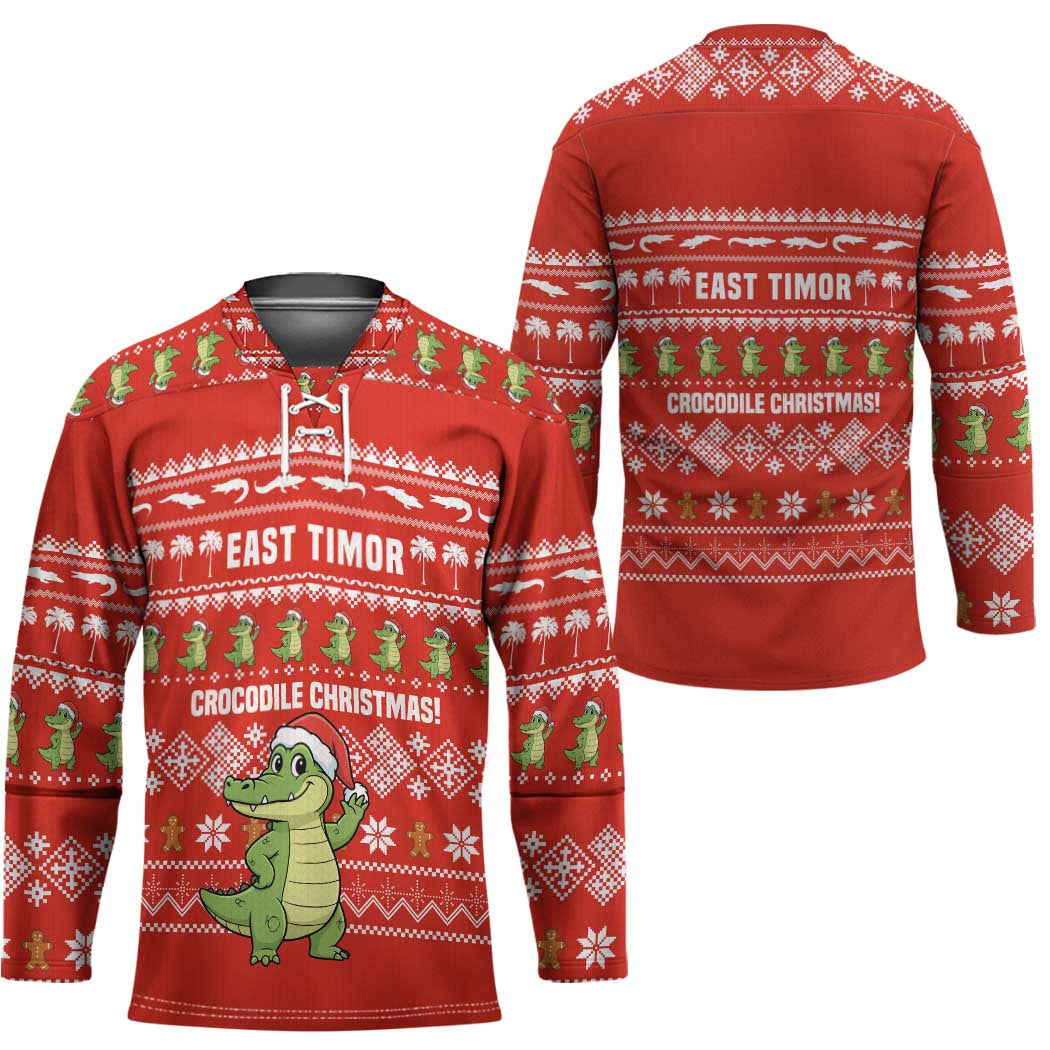 East Timor Christmas Hockey Jersey with Santa Crocodile Gingerbread Palm Trees and Red Holiday - Wonder Print Shop