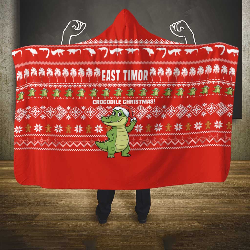 East Timor Christmas Hooded Blanket with Santa Crocodile Gingerbread Palm Trees and Red Holiday - Wonder Print Shop
