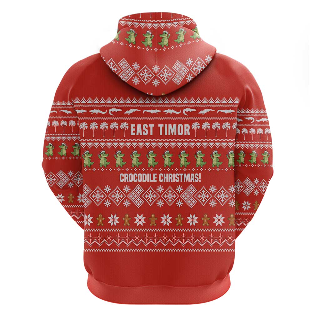 East Timor Christmas Hoodie with Santa Crocodile Gingerbread Palm Trees and Red Holiday - Wonder Print Shop