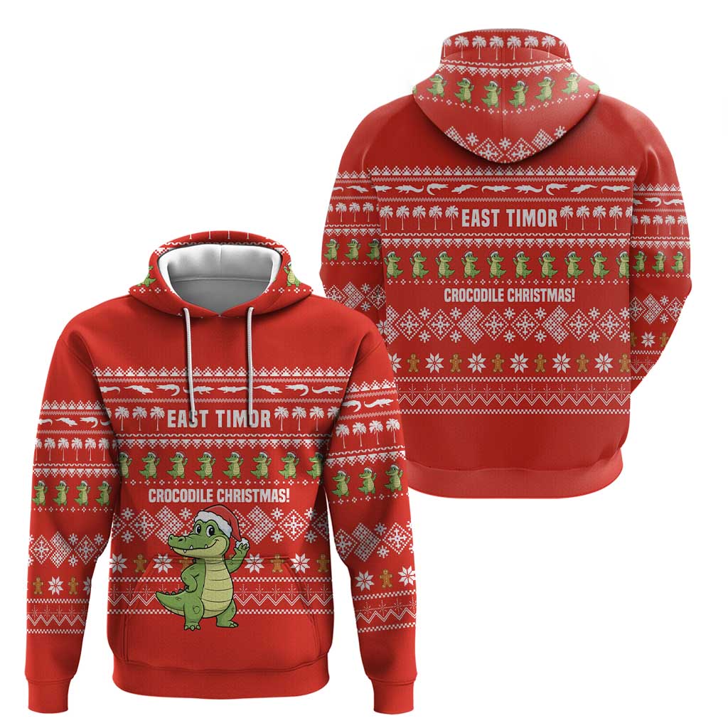 East Timor Christmas Hoodie with Santa Crocodile Gingerbread Palm Trees and Red Holiday - Wonder Print Shop