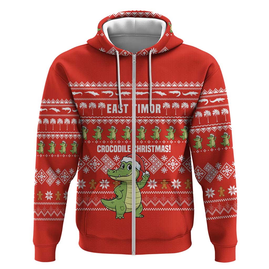 East Timor Christmas Hoodie with Santa Crocodile Gingerbread Palm Trees and Red Holiday - Wonder Print Shop