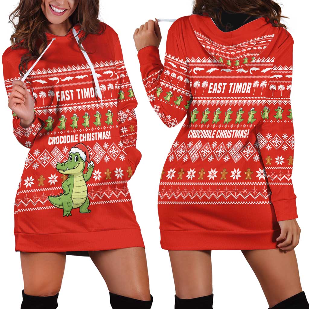 East Timor Christmas Hoodie Dress with Santa Crocodile Gingerbread Palm Trees and Red Holiday - Wonder Print Shop