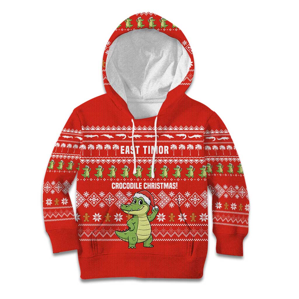 East Timor Christmas Kid Hoodie with Santa Crocodile Gingerbread Palm Trees and Red Holiday - Wonder Print Shop