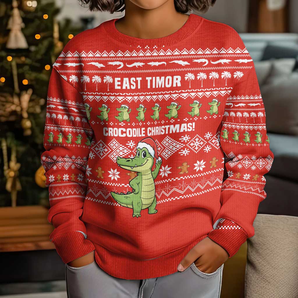 East Timor Christmas Kid Ugly Christmas Sweater with Santa Crocodile Gingerbread Palm Trees and Red Holiday - Wonder Print Shop