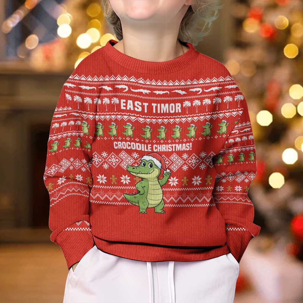 East Timor Christmas Kid Ugly Christmas Sweater with Santa Crocodile Gingerbread Palm Trees and Red Holiday - Wonder Print Shop