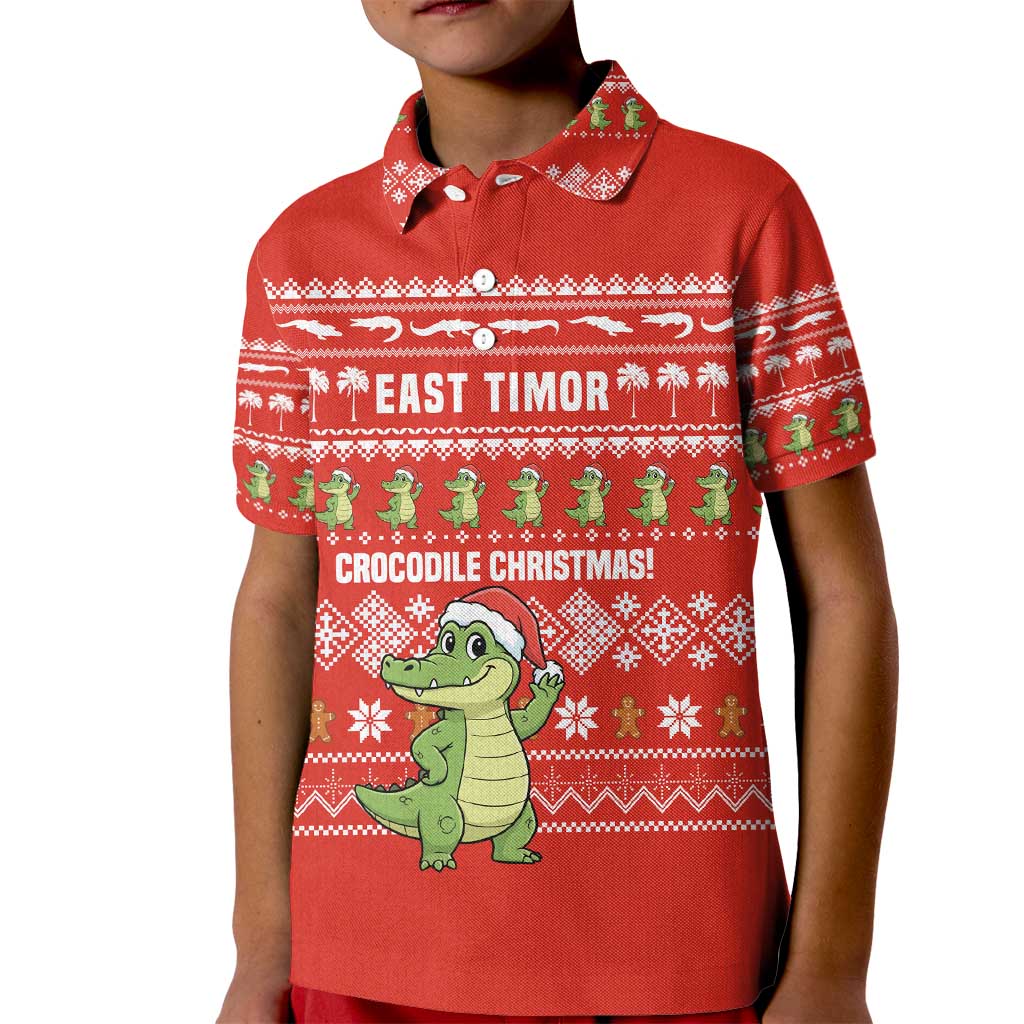 East Timor Christmas Kid Polo Shirt with Santa Crocodile Gingerbread Palm Trees and Red Holiday - Wonder Print Shop