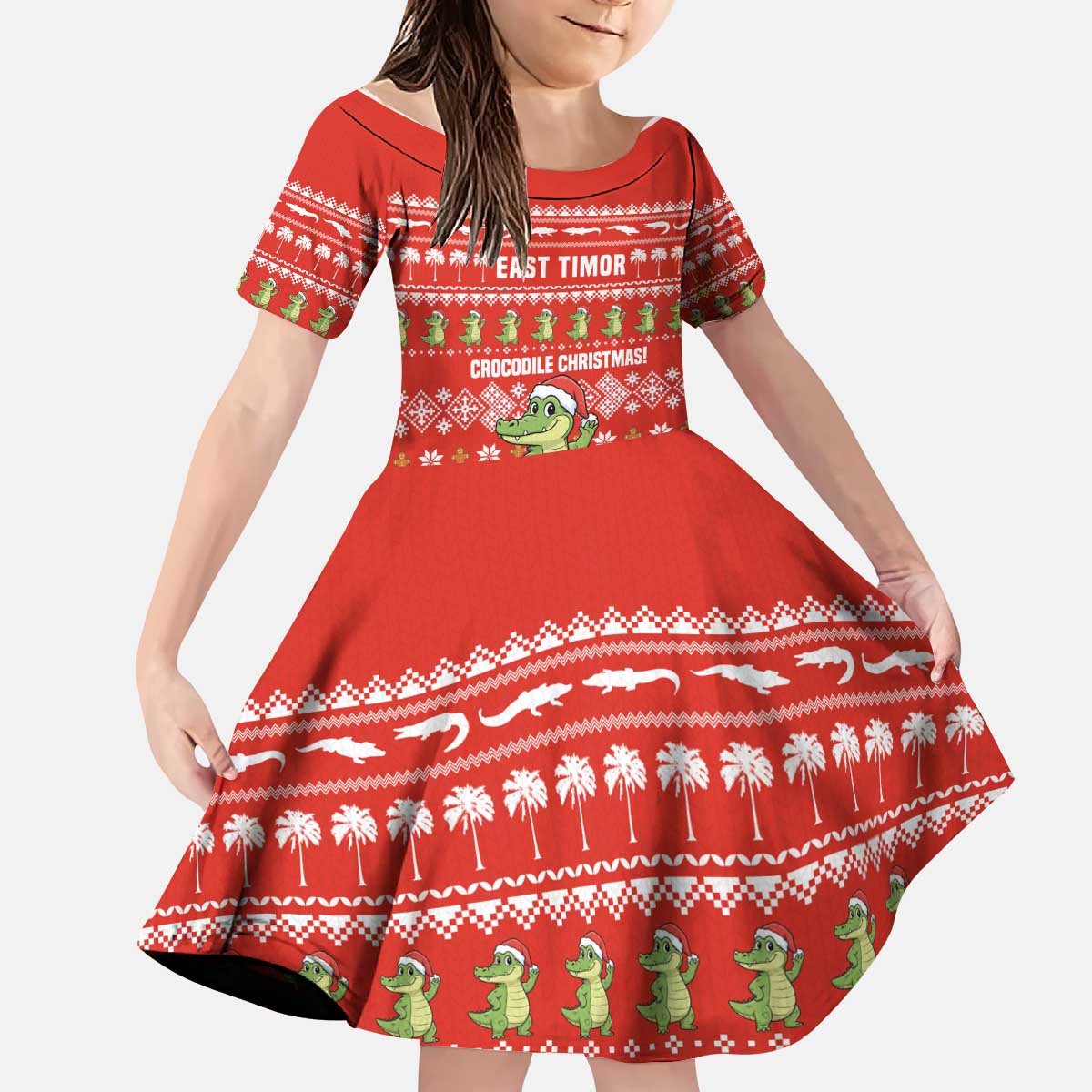 East Timor Christmas Kid Short Sleeve Dress with Santa Crocodile Gingerbread Palm Trees and Red Holiday - Wonder Print Shop