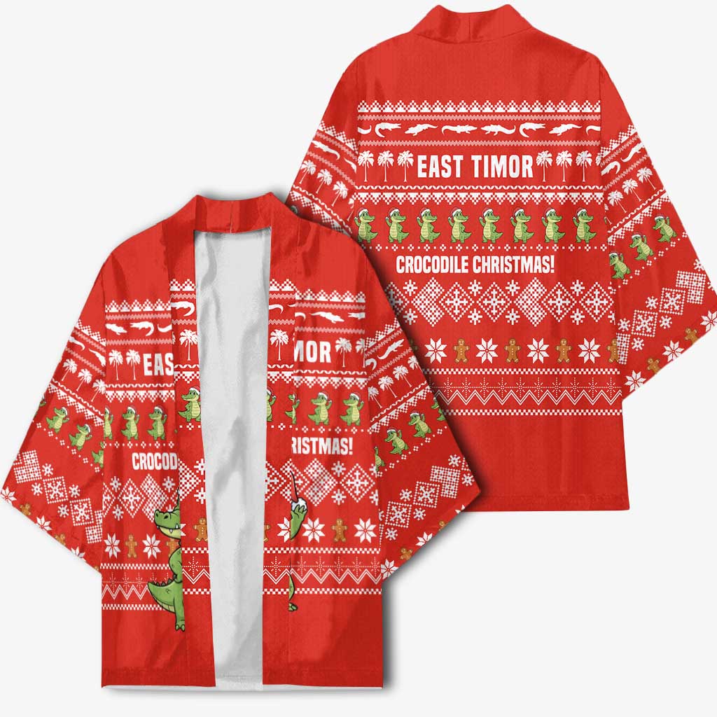 East Timor Christmas Kimono with Santa Crocodile Gingerbread Palm Trees and Red Holiday - Wonder Print Shop