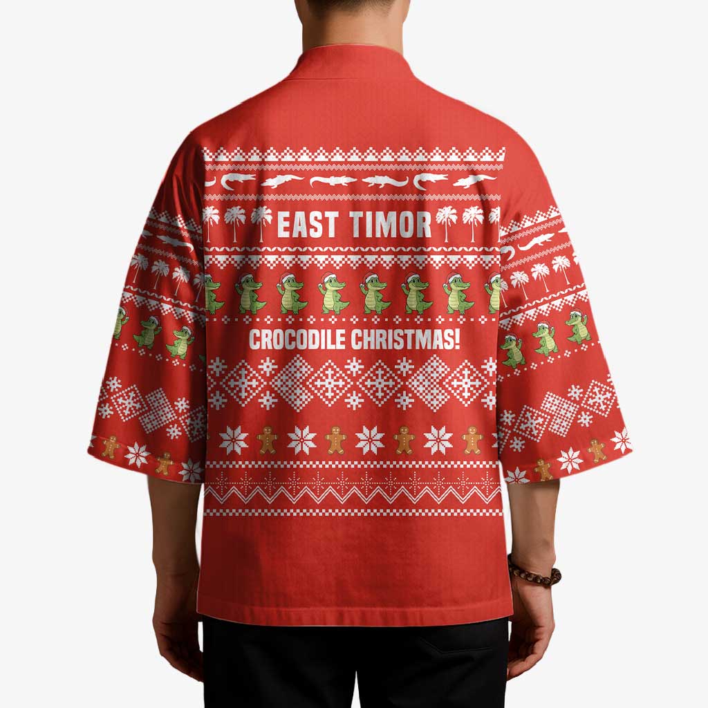 East Timor Christmas Kimono with Santa Crocodile Gingerbread Palm Trees and Red Holiday - Wonder Print Shop