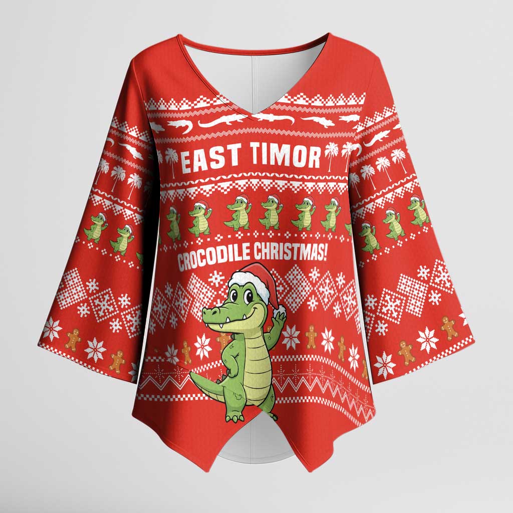 East Timor Christmas Kimono Sleeve Blouse with Santa Crocodile Gingerbread Palm Trees and Red Holiday - Wonder Print Shop