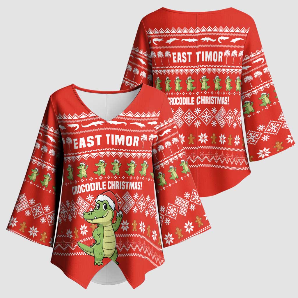 East Timor Christmas Kimono Sleeve Blouse with Santa Crocodile Gingerbread Palm Trees and Red Holiday - Wonder Print Shop