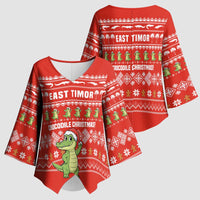 East Timor Christmas Kimono Sleeve Blouse with Santa Crocodile Gingerbread Palm Trees and Red Holiday - Wonder Print Shop