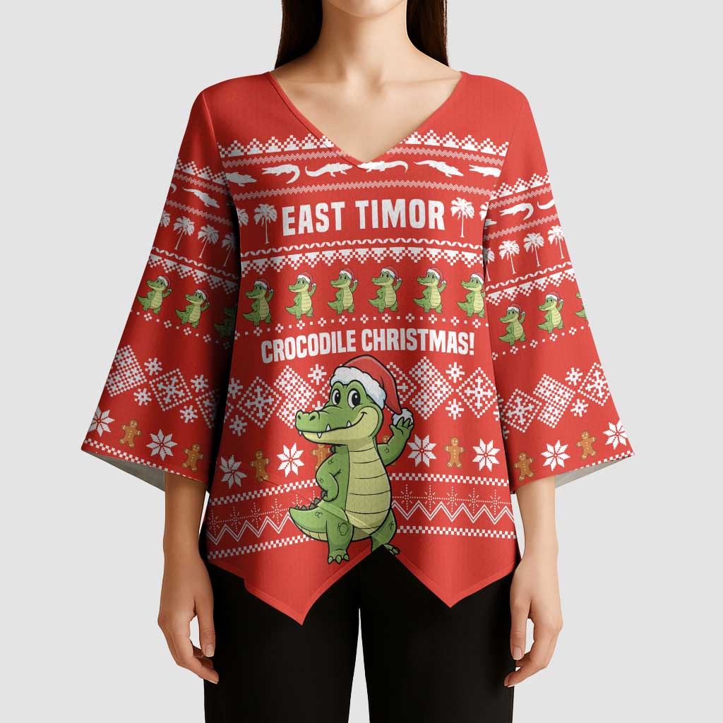 East Timor Christmas Kimono Sleeve Blouse with Santa Crocodile Gingerbread Palm Trees and Red Holiday - Wonder Print Shop