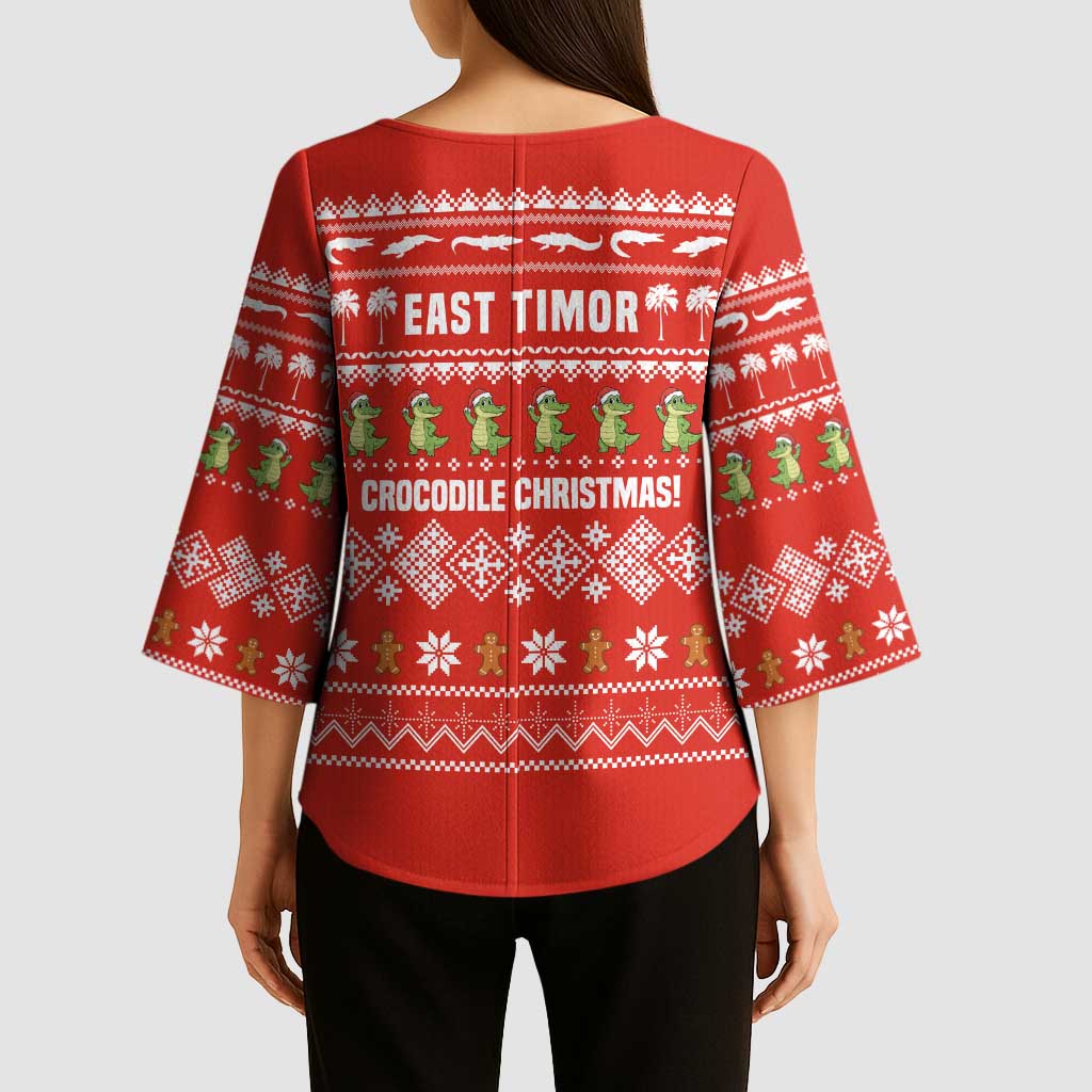 East Timor Christmas Kimono Sleeve Blouse with Santa Crocodile Gingerbread Palm Trees and Red Holiday - Wonder Print Shop