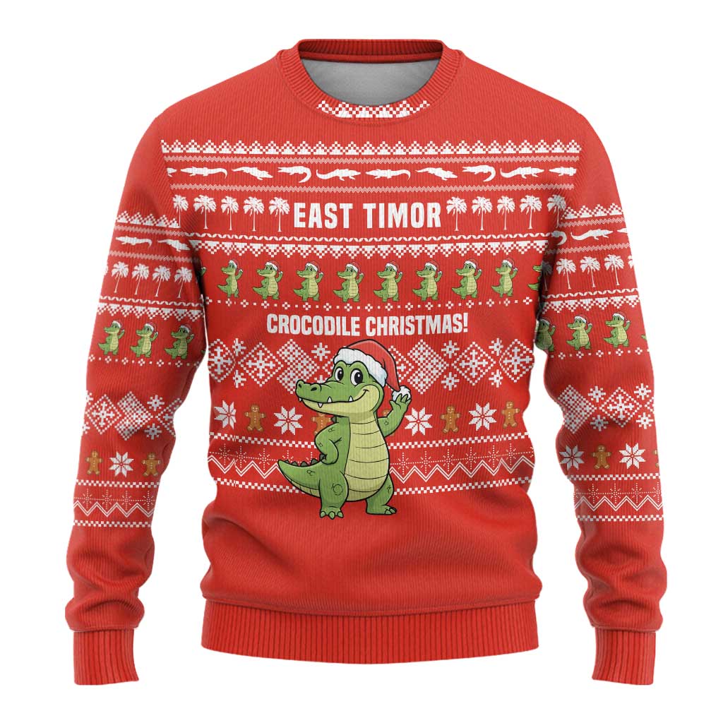 East Timor Christmas Ugly Christmas Sweater with Santa Crocodile Gingerbread Palm Trees and Red Holiday - Wonder Print Shop