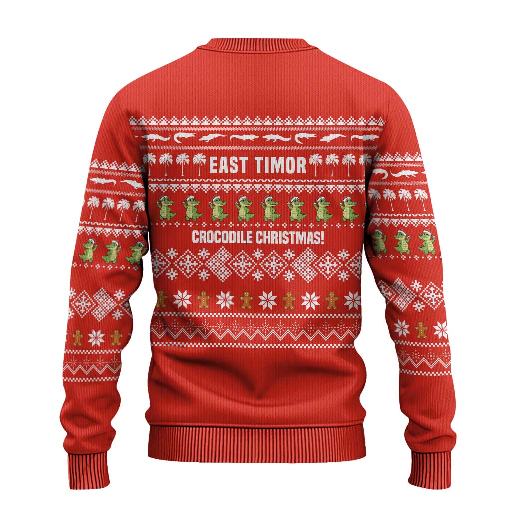 East Timor Christmas Ugly Christmas Sweater with Santa Crocodile Gingerbread Palm Trees and Red Holiday - Wonder Print Shop