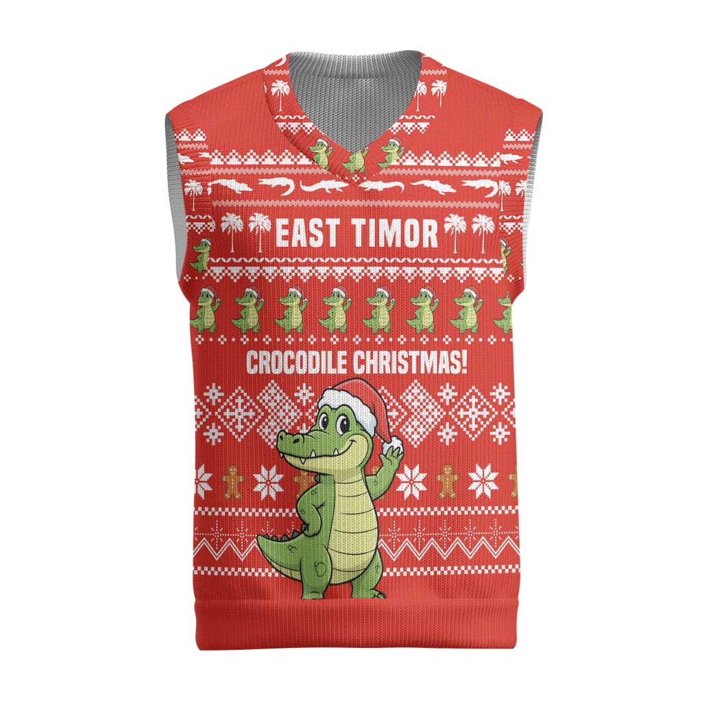 East Timor Christmas Knitted V-Neck Vest with Santa Crocodile Gingerbread Palm Trees and Red Holiday - Wonder Print Shop