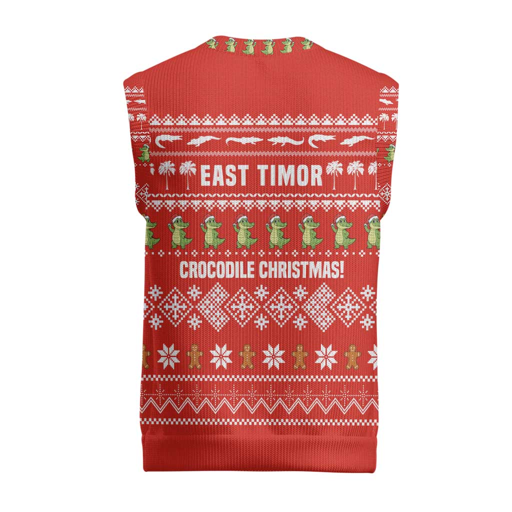East Timor Christmas Knitted V-Neck Vest with Santa Crocodile Gingerbread Palm Trees and Red Holiday - Wonder Print Shop
