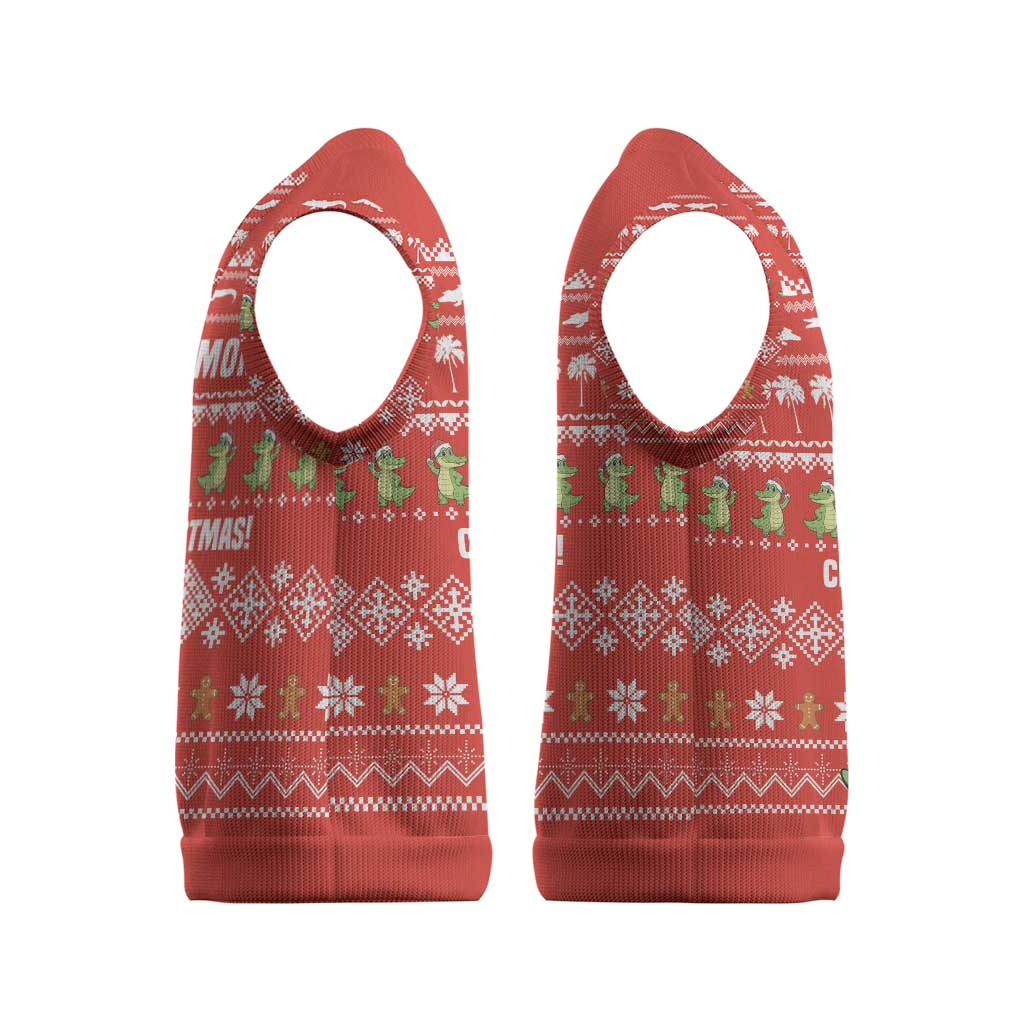 East Timor Christmas Knitted V-Neck Vest with Santa Crocodile Gingerbread Palm Trees and Red Holiday - Wonder Print Shop