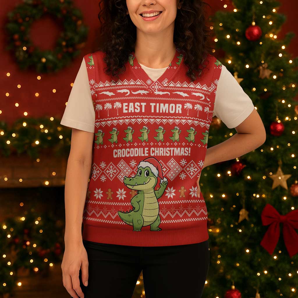 East Timor Christmas Knitted V-Neck Vest with Santa Crocodile Gingerbread Palm Trees and Red Holiday - Wonder Print Shop