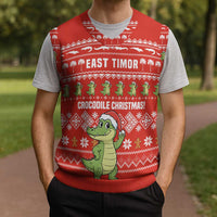 East Timor Christmas Knitted V-Neck Vest with Santa Crocodile Gingerbread Palm Trees and Red Holiday - Wonder Print Shop