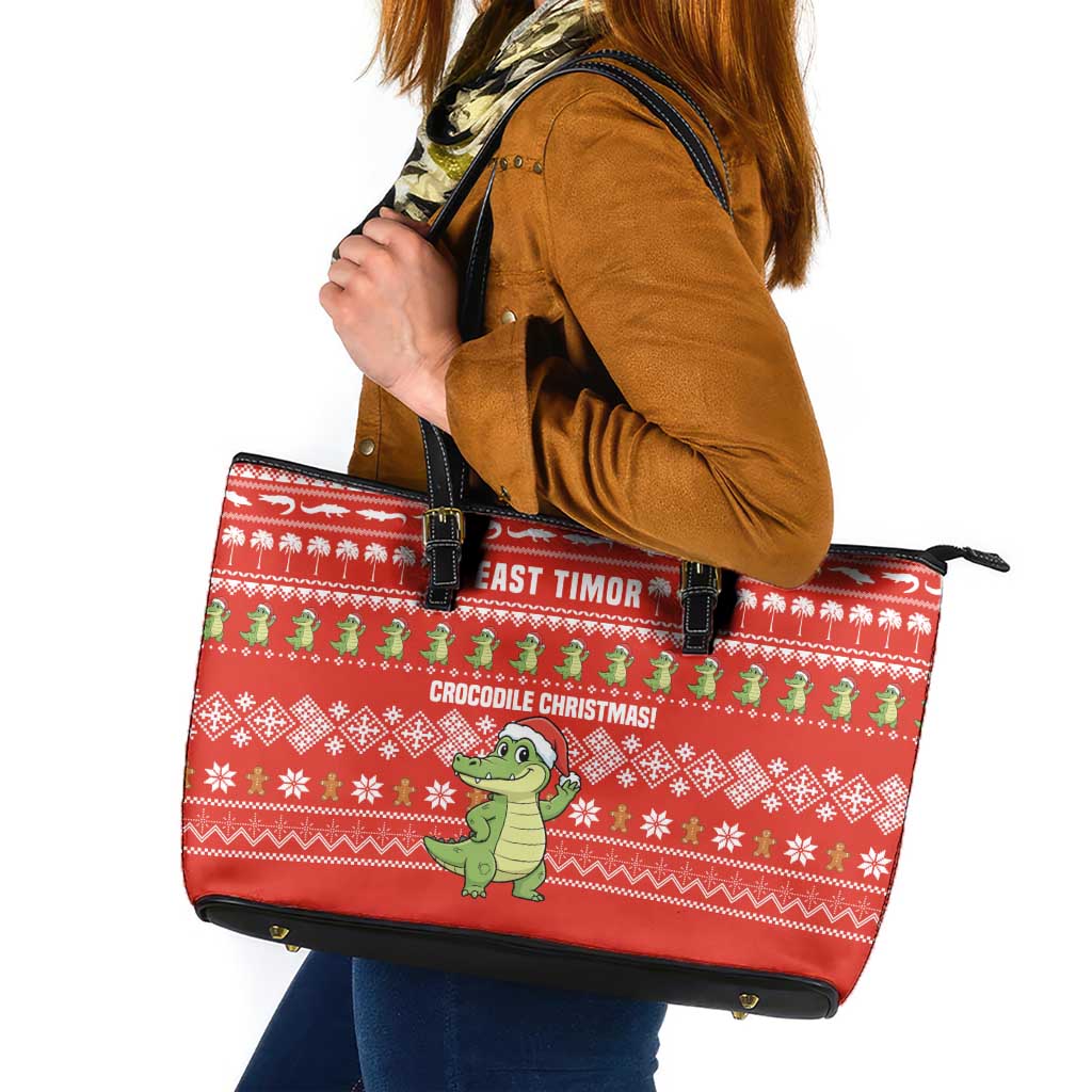 East Timor Christmas Leather Tote Bag with Santa Crocodile Gingerbread Palm Trees and Red Holiday - Wonder Print Shop