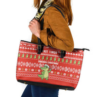East Timor Christmas Leather Tote Bag with Santa Crocodile Gingerbread Palm Trees and Red Holiday - Wonder Print Shop